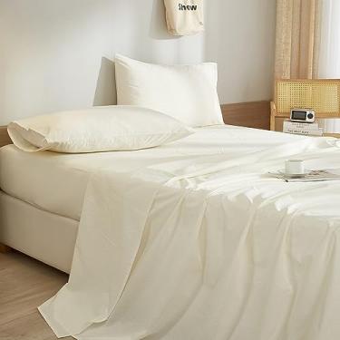 Imagem de Jogo de lençol de casal branco creme, 4 peças, lençol de cama e fronha para cama de casal - Lençóis macios de resfriamento 100% microfibra lavada, lençóis de cama com bolso profundo de 40 cm