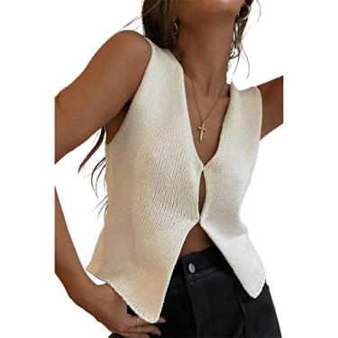Imagem de Colete feminino de malha de crochê Y2k top abotoado na frente suéter de crochê sem mangas cropped streetwear, Um branco vazado, M