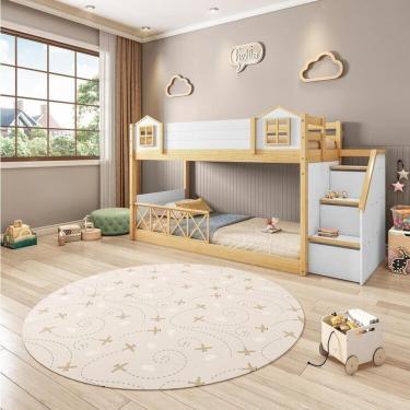 Imagem de Beliche Infantil Montessoriana Garden Com Escada Lateral E Proteção Casinha Grade X Dupla Casatema Branco/Natural