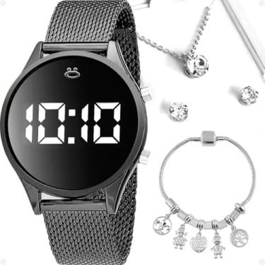 Imagem de Relógio Feminino Preto Original Conjunto Joias em Aço Inox Colar Brincos e Pulseira Tendencia Pronto para Presente Kit Acessorios