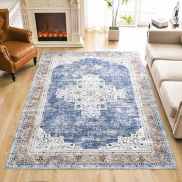 Imagem de Alwoligag Tapete lavável vintage 15 x 23 cm para quarto e sala de estar - antiderrapante, macio, fácil de limpar, estilo boho tapete grande (azul escuro)