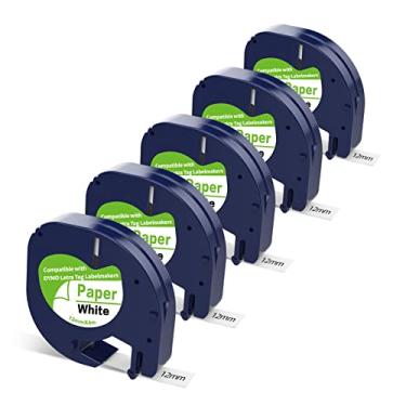 Imagem de 5 x fitas de papel branco 91330 substituição para recargas de etiquetas Dymo 12 mm x 4 m 1/2 10 pés compatível com recargas de etiquetas Dymo Letratag LT-100H QX50 LT-100T