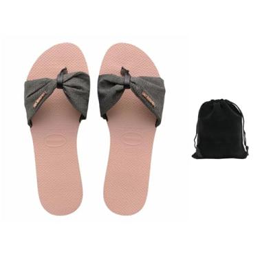 Imagem de Havaianas Sandálias femininas You St. Tropez Shine – Chinelos elegantes, confortáveis e duráveis com alças de lurex brilhantes, perfeitas para praia, casual e uso diário, tamanho 7/8W, inclui bolsa de