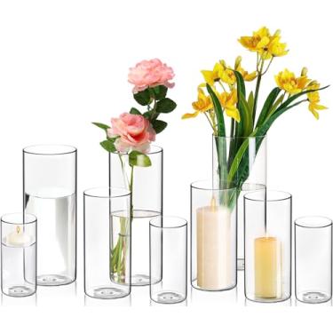 Imagem de Pacote com 9 vasos cilíndricos - para centros de mesa, suporte de vela de cilindro de vidro transparente de 16,8 cm, para decoração de pirces, vasos de flores altos e transparentes, suporte de vela