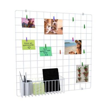 Imagem de Memory Board Painel Fotos Tela Aramada 60x60 Branco + Cesto N3g Prende