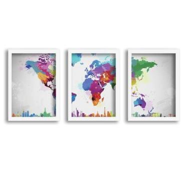 Imagem de Kit 3 Quadros Decorativos Molduras Brancas Mapa Artistico - D'Cora