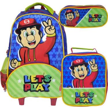 Imagem de Kit Mochila Escolar Rodinhas Lancheira Estojo Mario Infantil - Denlex