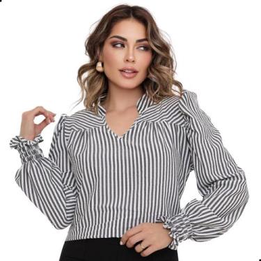 Imagem de Blusa Manga Longa Feminina Listrada Social Gola V Bufante - LOOK MODAS