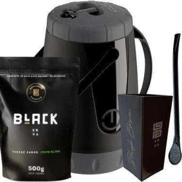 Imagem de Kit Para Tereré Garrafa Lisa Black Erva Mate 500g Copo Cuia Quadrado A
