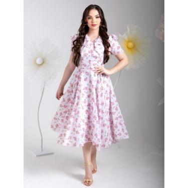 Imagem de Vestido feminino Midi com babado Rodado Florido - Fashion, Off, M