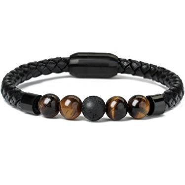 Imagem de Pulseira Ckysee 7 Chakra Lava Rock Balanceamento de couro genuíno com fecho magnético Olho de tigre Ágata Howlite para homens 8.5 inches Multicor