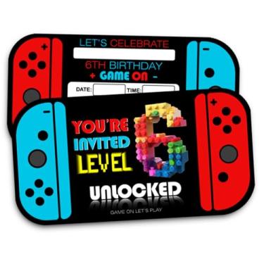 Imagem de XIAOPNN Convite de festa de aniversário de 6 anos de videogame para meninos, suprimentos de festa de aniversário de 6 anos, 30 cartões com 30 envelopes