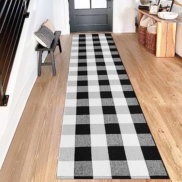 Imagem de Aoczes Buffalo Tapete xadrez 6 x 20 m, preto e branco, tapete de corredor de fazenda tapete lavável de algodão para entrada/cozinha/lavanderia/quarto/sala de estar