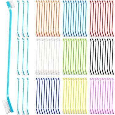 Imagem de 100 peças de escova de dentes para cães, escova de dentes macia para cães, escova de dentes dupla face, alça longa, para filhotes, animais de estimação, limpeza de dentes grandes e pequenos, 10 cores