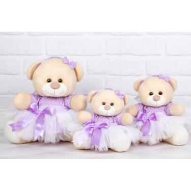 Imagem de TRIO DE URSO TEDDE BAILARINA 15/18/22 CM, PARA DECORAÇÃO (poá lilás - Pelúcia Doce de Leite)