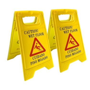 Imagem de 2 pacotes de placa de aviso para piso molhado, 41,7 cm de altura, design de moldura dobrável dupla face amarelo brilhante, mensagem de cuidado bilíngue, adequada para aeroportos, hotéis, escolas,