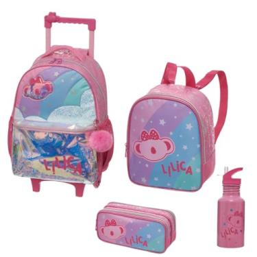 Imagem de Kit Escolar Mochila Carrinho Rodinha Lancheira Térmica Estojo Duplo Garrafinha Lilica Ripilica Rosa Super Star