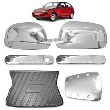 Imagem de Jogo aplique de maçaneta cromado + Par Aplique de retrovisor + Aplique Tampa de Combustível + Tapete protetor bandeja de porta malas Gol G4 2005/2014 Para os modelos de 2P