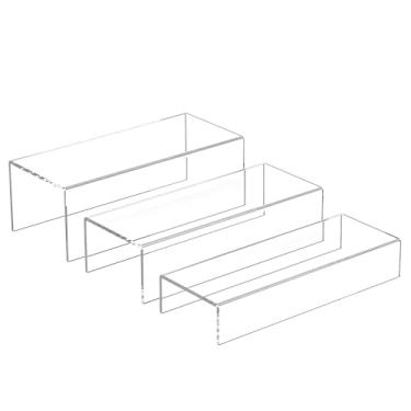 Imagem de Sezanrpt Prateleira de Exposição com Elevação Transparente 3 Peças, Organizador de Armazenamento de Prateleiras de Exposição Retangulares de Acrílico para Mesa, Suportes de Acrílico para Bonecos Funko