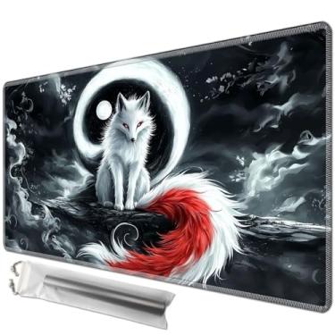 Imagem de JANENFNA TCG Card Playmat 24" x 14" with Storage Bags for MTG Game Play Mats, Premium Stitched Non-Slip Rubber Tabletop Magic Play Mats Desk Duel Card Breaking Mats, White Fox with Yin-Yang Moon