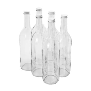 Imagem de FastRack - Garrafas de vinho transparentes de 750 ml (pacote com 6) + tampas de rosca de metal branco | Garrafas de licor bordeaux de fundo plano, garrafas de vinho verde W5, garrafas vazias de 750
