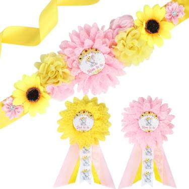 Imagem de JOYMEMO Kit de faixa de maternidade para chá de bebê com girassol rosa e amarelo – cinto de barriga para chá de bebê com tema de elefante e alfinetes de corsage para mamãe e papai, acessórios para