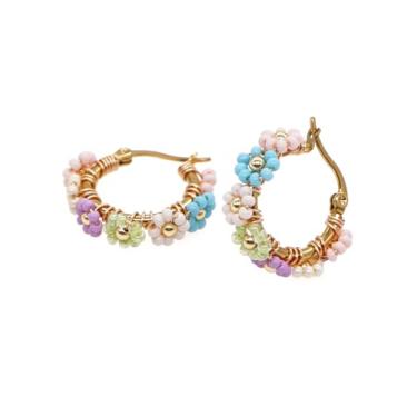 Imagem de Sonateomber Brincos de argola de ouro feitos à mão para mulheres e meninas, lindos feitos à mão, pequenas contas de sementes coloridas, flor, boêmia, cartilagem, hipoalergênico, baile, férias,