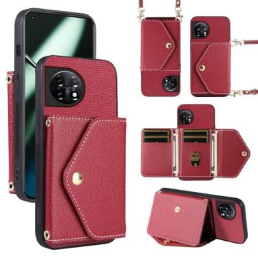 Imagem de Dibosom Capa carteira minimalista para OnePlus 11 5G com alça de ombro, bolsa fina e fina, suporte de cartão de crédito de couro PU, acessórios para celular One Plus11 1 Plus 1plus11 One+ 1+ Vermelho