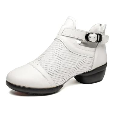 Imagem de ZHENSI Botas femininas de jazz, sola dividida, tênis de dança com alça de couro com zíper nas costas, sapatos de dança latina moderna, Branco, 36 BR