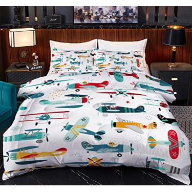 Imagem de Yasida Conjunto de edredom de avião infantil, tamanho Queen, colorido, desenho animado, hélice, avião, lençol com estampa queen, temática de aviação, decoração de quarto
