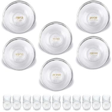 Imagem de Zion Judaica 12 conjuntos de pratos de pesach com forros de vidro, 6 mini bandejas de 7,6 cm, etiquetas simbólicas de alimentos com traduções hebraicas e inglesas, copos Kaarah, faça-você-mesmo,