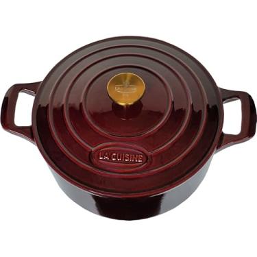 Imagem de La Cuisine Caçarola de ferro fundido esmaltado com tampa, 5 QT 26,2 cm de diâmetro, interior esmaltado preto fosco, exterior com acabamento esmaltado de cranberry, tampa de aço inoxidável banhado a