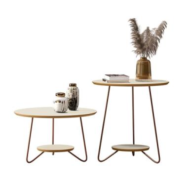 Imagem de Conjunto Kit Mesa Apoio e Centro Liz Sala de Tv Pés de Ferro Decoração Moderno Tampo Redondo (Offwhite/Freijó)
