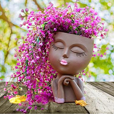 Imagem de Vaso de flores de rosto, vaso de flores de cabeça de menina, vaso de plantas de rosto de senhora, estátua de busto feminino vasos suculentos com furo de drenagem para plantas internas ao ar livre, vaso de arte humana moderna (17,78 cm marrom)