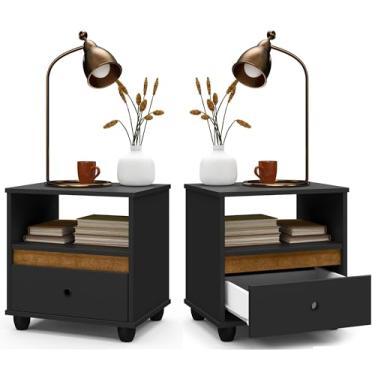 Imagem de Kit 2 Mesa de Cabeceira Quarto Mesinha Apoio Lateral Cama Box Casal Estilo Decoração Retrô 1 Gaveta - Preto