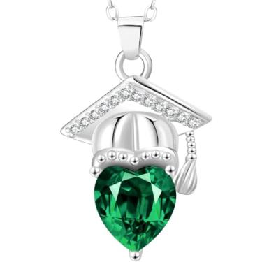 Imagem de GemJelry Colar de graduação de bacharel com boné de graduação 2025 para graduação universitária joias de formatura presentes de aniversário com caixa (pedra verde, prata), 16"+2", Metal, Zircão