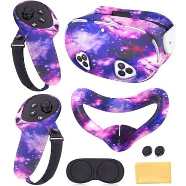 Imagem de Conjunto de capa de silicone compatível com acessórios Meta Quest 3S, capa protetora de realidade virtual, alças de controle, fone de ouvido frontal e proteção de lente (céu estrelado roxo)