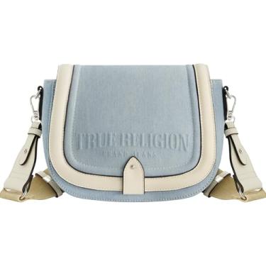 Imagem de True Religion Bolsa tiracolo feminina jeans e couro sintético com alça de ombro ajustável, azul claro, Azul claro