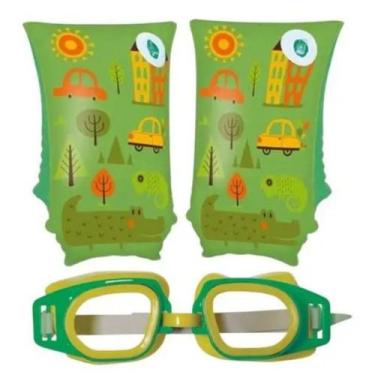 Imagem de Kit Boia Para Criança Infantil Braço 50kg + Oculos Natação - MOR, Verd