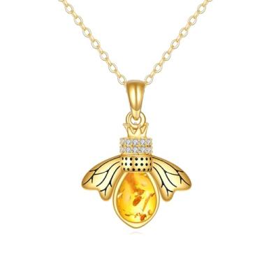 Imagem de KECHO Colar feminino de âmbar de abelha em ouro 14 k com pingente de abelha e joia de ouro amarelo para o dia das mães, Ouro, Ouro