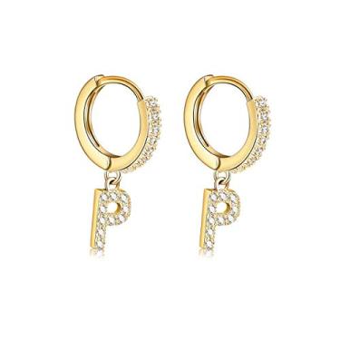 Imagem de Brincos com inicial de zircônia cúbica folheados a ouro 14 K delicados brincos de argola pequena letras hipoalergênicas para mulheres e meninas Dourado