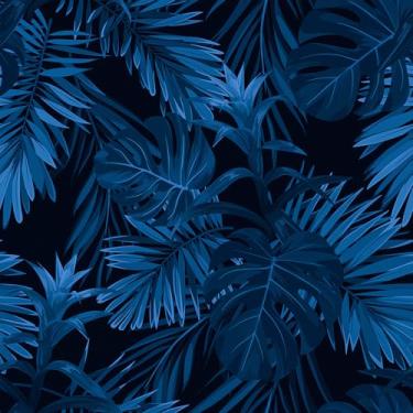 Imagem de ReWallpaper Papel de parede tropical de 48 cm × 60 m, papel de parede pré-colado com folhas de palmeira azul escuro para banheiro, papel de contato de vinil removível, papel de parede azul marinho à