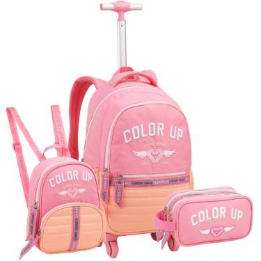 Imagem de Kit Mochila Rodas Escolar Color Up Estojo Lancheira - Rosa