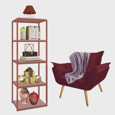 Imagem de Kit Poltrona Fatte com Manta Soft Lilás e Estante Livreiro Ferro Bronze mdf Rose Suede Bordô - Ahz Móveis