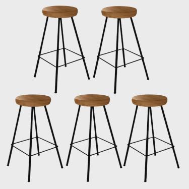 Imagem de Kit 05 Banqueta Alta Lanzzi Eiffel Rústico Cozinha Bar Balcão Bistrô Ferro Preto Madeira Maciça Peroba - Ahz Móveis