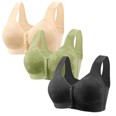 Imagem de 3 Pack Daisy Bra, Lightweight, Breathable and Gathered, Front Enclosed Wireless Push-Up Bra Everyday Wireless Wireless Comfort Bra for Older Women(K,4X-L)