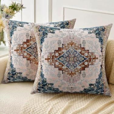 Imagem de ZSYTZL Conjunto de 2 capas de almofada Boho 45,7 x 45,7 cm, estampa de tapete boêmio de linho, decorativo, sala de estar, sofá-cama, capa de almofada quadrada, azul rosa