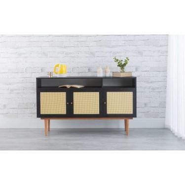 Imagem de Balcão Buffet Pés Palito Madeira 3 Portas Com Nichos Mdf E Palhinha Es