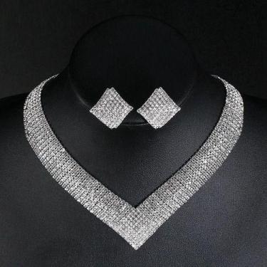 Imagem de Conjunto Strass Colar Brinco Noiva Prata Debutante Madrinha - De Castr