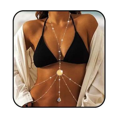 Imagem de Obmyec Correntes corporais de cristal dourado para mulheres em camadas com strass e sutiã de biquíni corrente de praia cintura de barriga de verão joia corporal com contas, one size, liga metálica